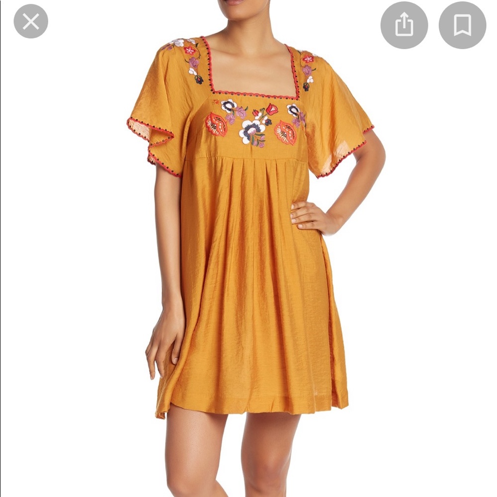 Madewell Yellow Embroidered Square Neck Dress